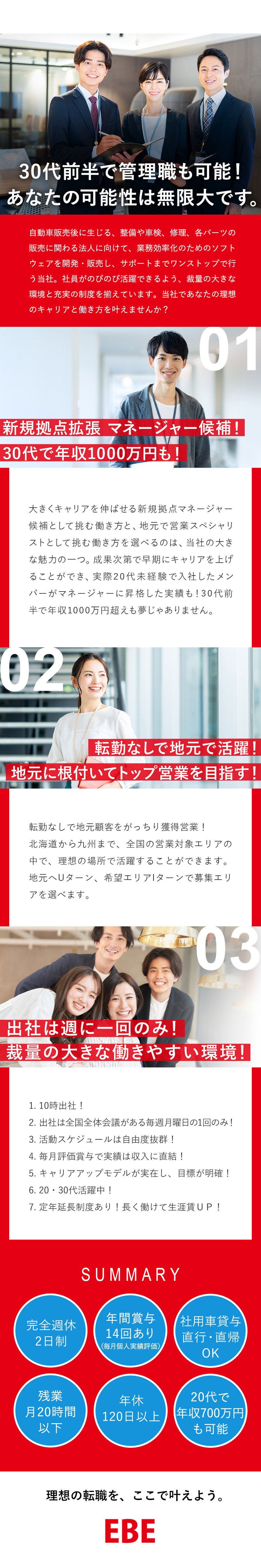 新拠点マネージャー候補と営業スペシャリストを選べる／直行直帰OK！自分らしい営業スタイルで活躍／30代前半で年収1000万円も／成果はしっかり評価／株式会社ＥＢＥ