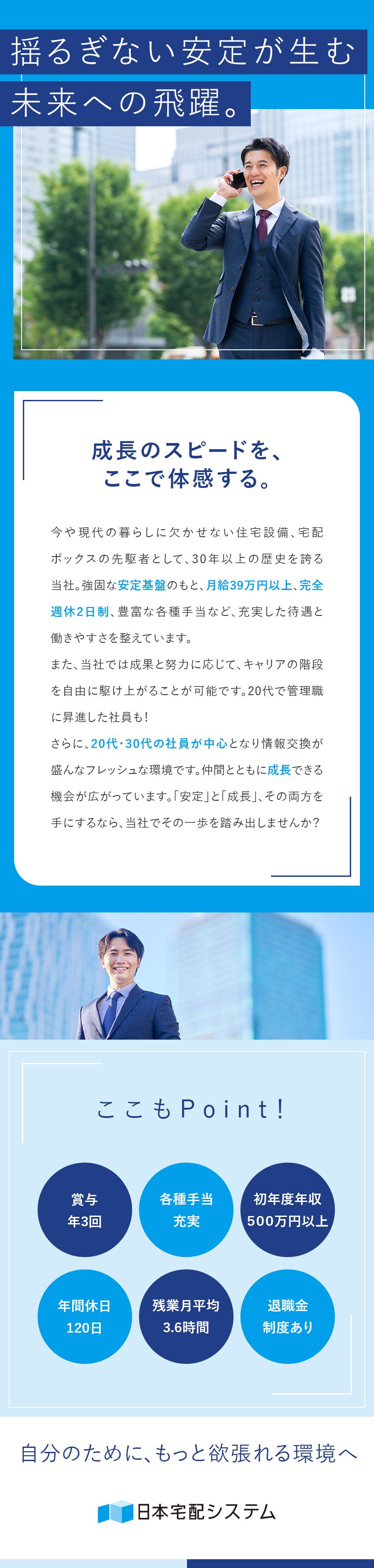 初年度年収500万円超／20代で管理職実績多数／月平均残業3.6h＆土日祝休／ライフワーク充実／社会ニーズの高まりを追い風に、成長市場で活躍／日本宅配システム株式會社