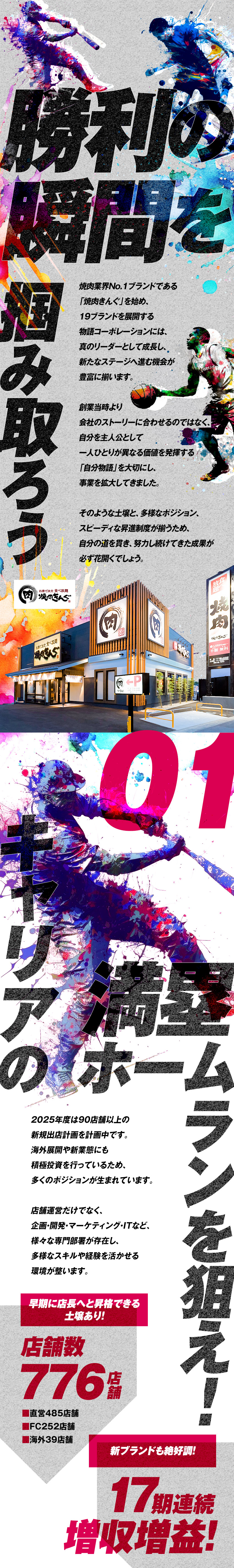 17期連続黒字経営／今期は新店90店以上を開店予定／即戦力募集！／スピーディ・豊富なキャリアパス／店長平均年収639万／公休月9日／転勤なしも選択可／株式会社物語コーポレーション(焼肉きんぐ・丸源ラーメン・寿司・しゃぶしゃぶ ゆず庵・お好み焼本舗など）【プライム市場】