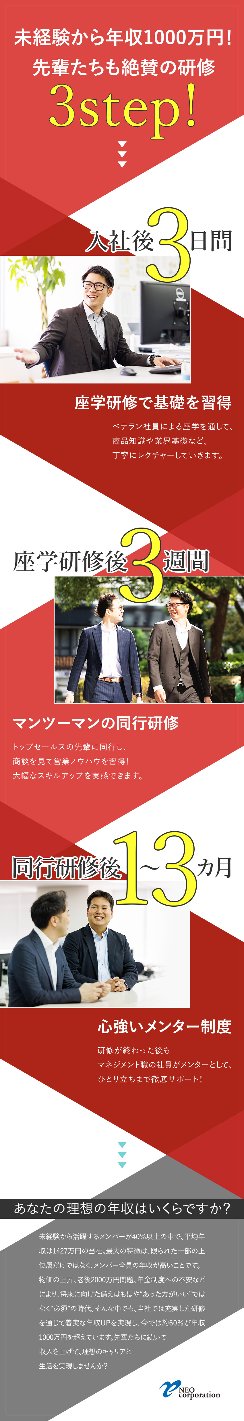 【成長】研修充実・トップ営業からのレクチャーあり／【業績】連続増益中、2024年度に固定給7万円UP／【待遇】安定の固定給＋インセンティブ上限なし／株式会社ネオ・コーポレーション