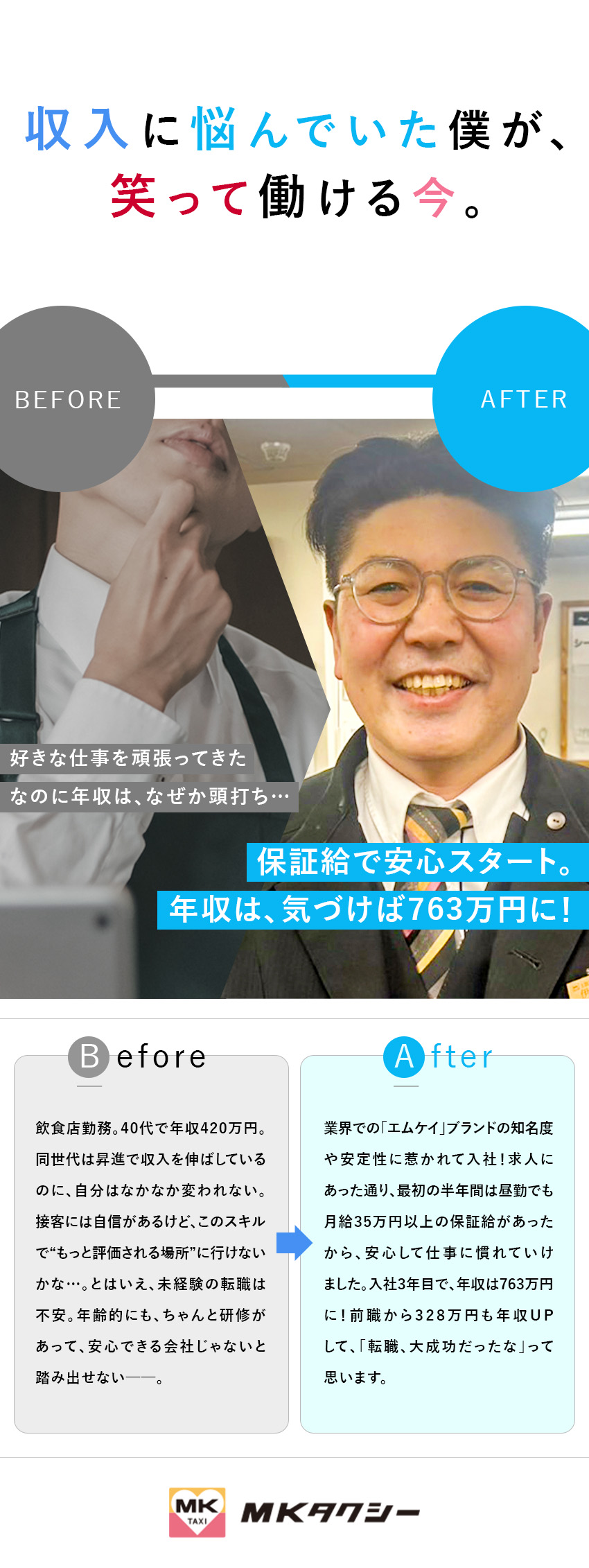 【人物重視】99％未経験入社／対象者全員面接／【働く環境】日勤のみ・土日休み可／連休OK／【安定収入】保証給35万円以上／入社祝金10万円／エムケイ株式会社