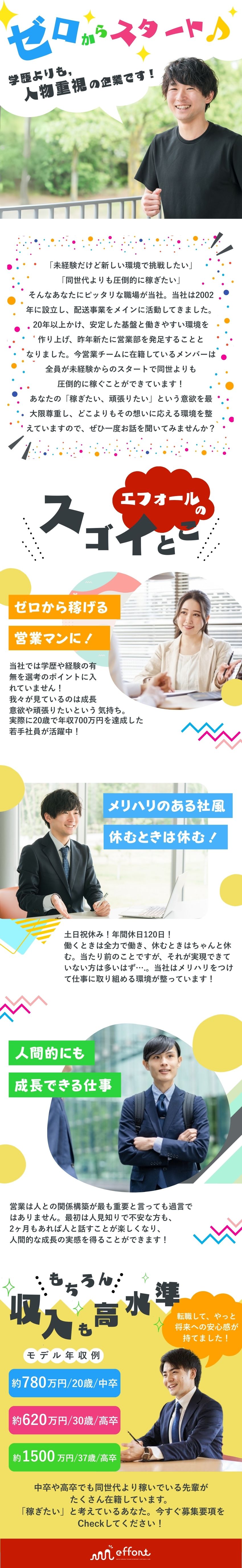 【20代＆30代】先輩たち全員が未経験から活躍中！／【稼ぎたい！】インセンティブでどこまでも稼げる！／【安定基盤】創業23年／サポート体制バッチリ！／有限会社エフォール