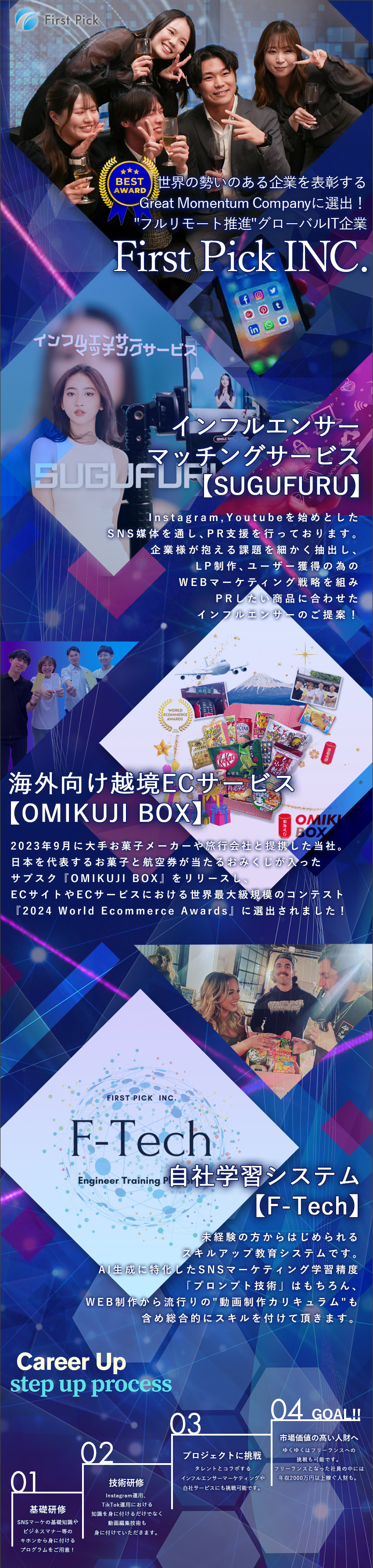 働き方｜リモートワークやフレックスで働ける！／充実待遇｜月給32万円/年休125日/残業5h以内／手に職を付ける｜Web・マーケ領域をすべて学べる！／株式会社ファーストピック
