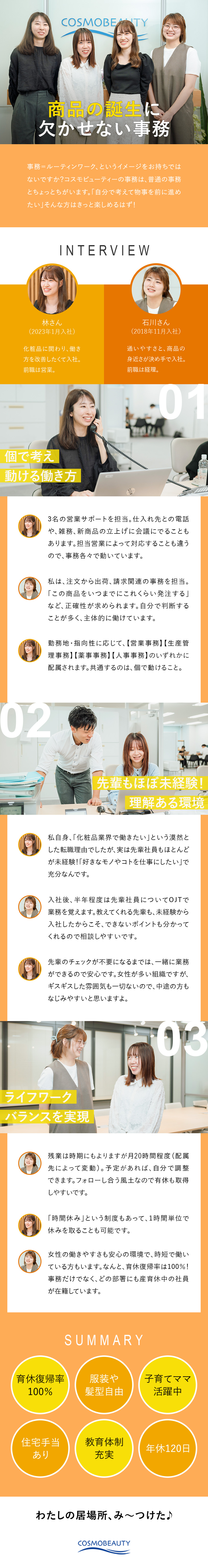 店頭にある有名商品が実は当社！ヒット商品創出企業／営業／生産／薬事／人事…などさまざまな面でサポート／育休復帰100％・年休120日・服装や髪型自由／株式会社コスモビューティー