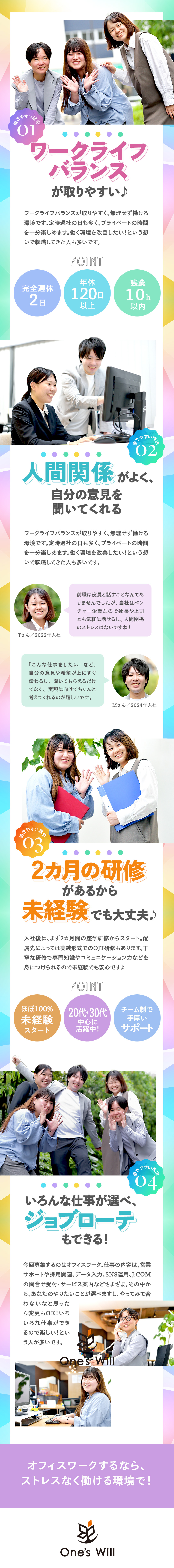 ★完全週休2日制／年休120日以上／残業10ｈ以内／★ほぼ100%未経験スタート！充実した研修で安心♪／★産育休取得＆復帰実績多数！女性も長く働ける環境／株式会社Ｏｎｅ’ｓ　Ｗｉｌｌ
