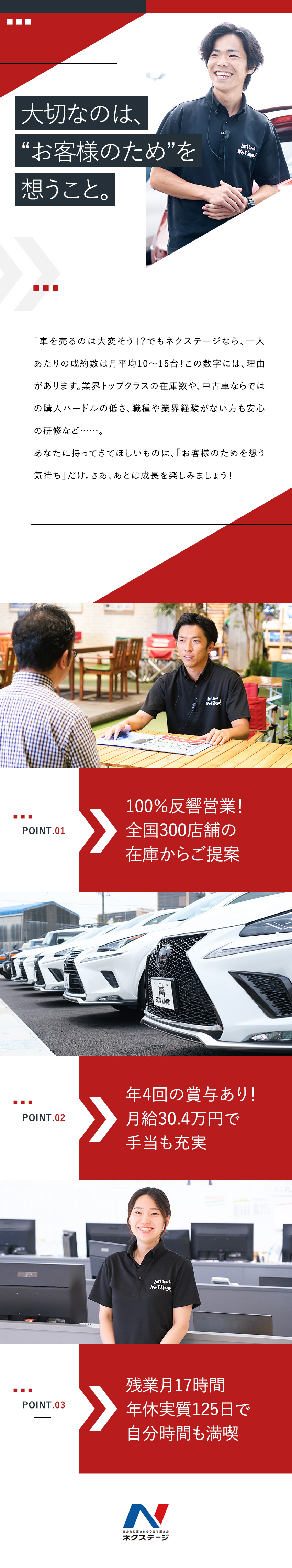 高い成約率の理由◆100％反響営業＆豊富な在庫台数／初年度年収425万円以上◆成果は年4回の賞与で還元／働き方改革推進中◆年休実質125日＆残業月17時間／株式会社ネクステージ【プライム市場】