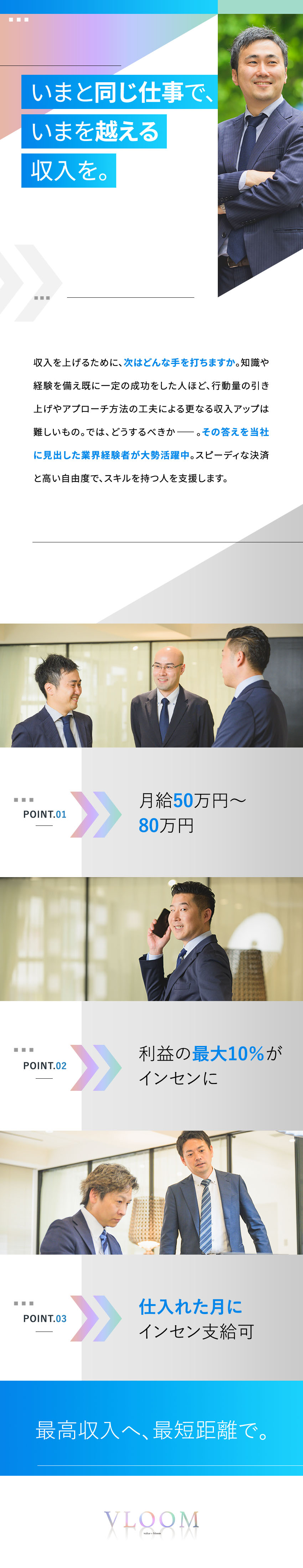 【稼げる】月給50～80万円＋インセンティブ＋賞与／【スピード決済】機を逃さない！最短2日～3日で決済／【柔軟性◎】仕入れ月にインセン支給可／直行直帰可／株式会社ＶＬＯＯＭ（ブルーム）