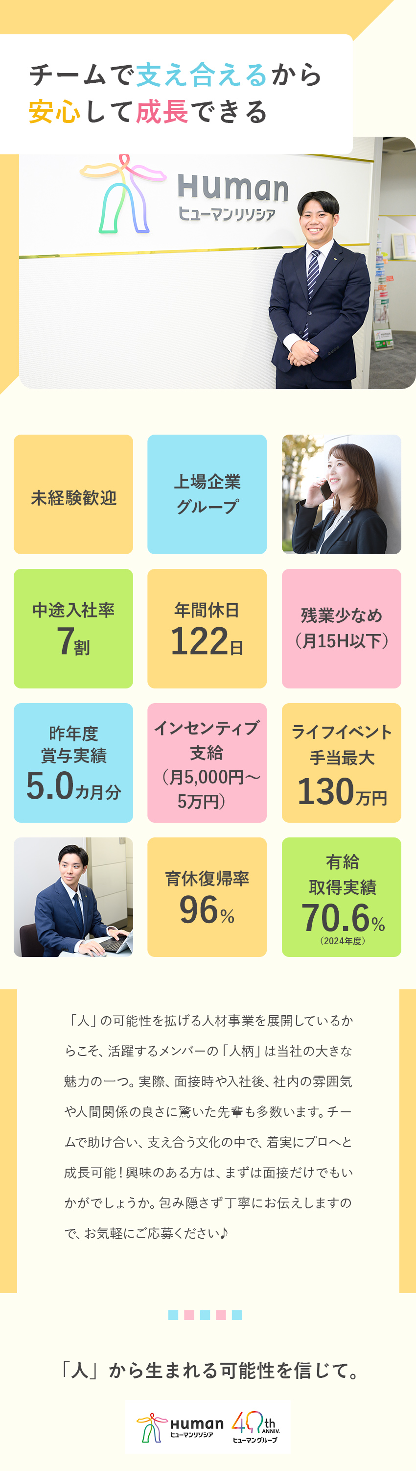 【イチから成長できる】充実研修＆キャリア支援／【安定性】上場企業グループ／賞与実績5.0カ月分／【環境】年休122日／土日祝休／残業月15h以下／ヒューマンリソシア株式会社(ヒューマングループ)