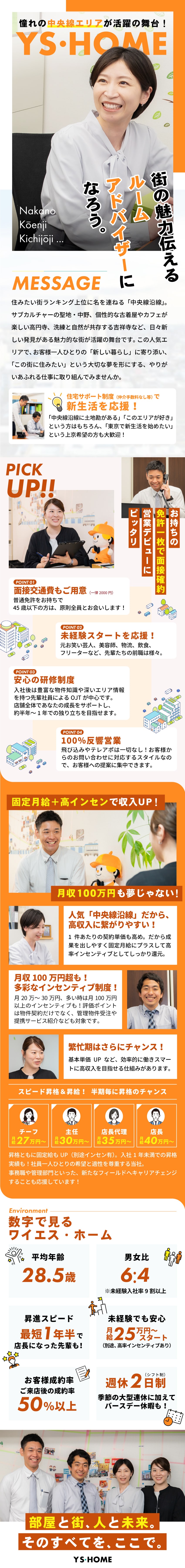 未経験入社9割★万全のサポートで安心スタート！／人気の中央線・丸ノ内線エリア★魅力あふれる職場環境／成約率50％以上★高額インセンティブ（上限なし）／株式会社ワイエス・ホーム(ワイエス・ホームグループ)