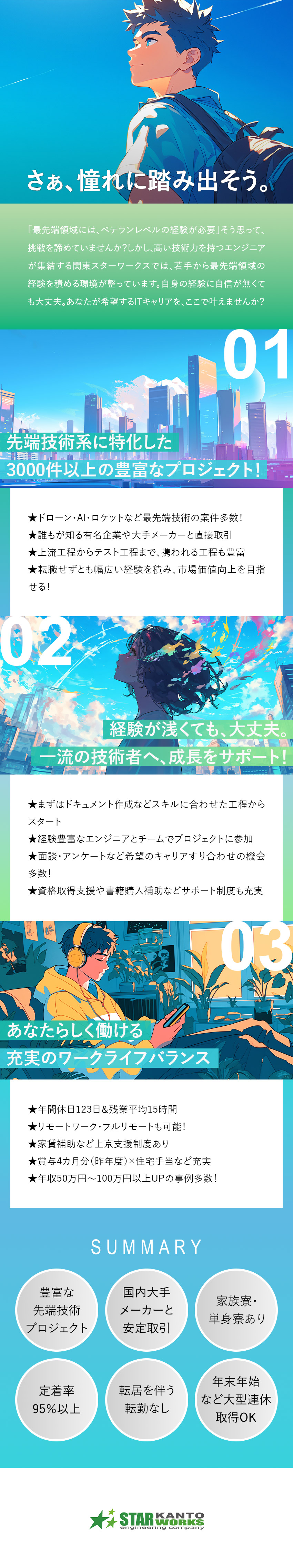 ポテンシャル重視★希望のキャリアを一緒に描ける／成長★スキルUPサポート充実／先端技術の案件充実／WLB★賞与4カ月／年休123日以上／残業月15H／関東スターワークス株式会社(スターワークスグループ)