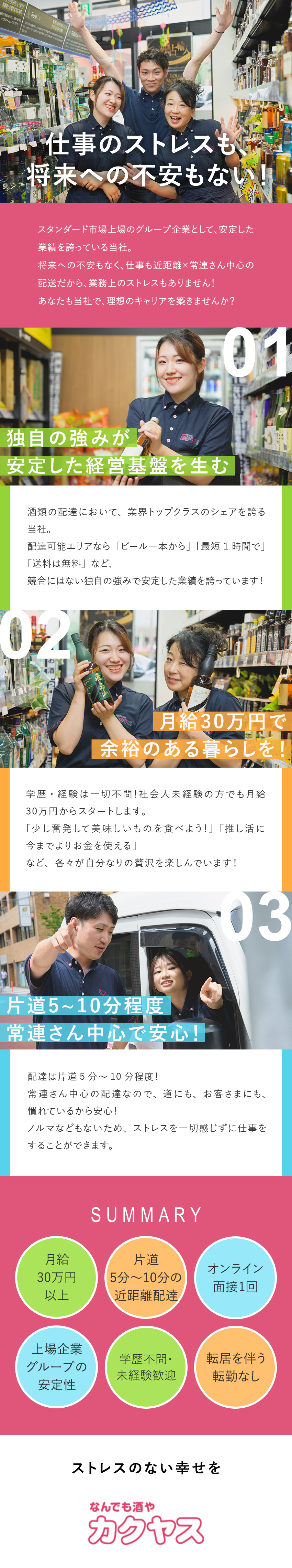 収入安定／未経験でも月給30万円以上で手当も充実！／即採用／面接は基本Webで1回。志望動機なしでＯＫ／近距離配達／顔見知りのお客さまへの配送が中心◎／株式会社カクヤス