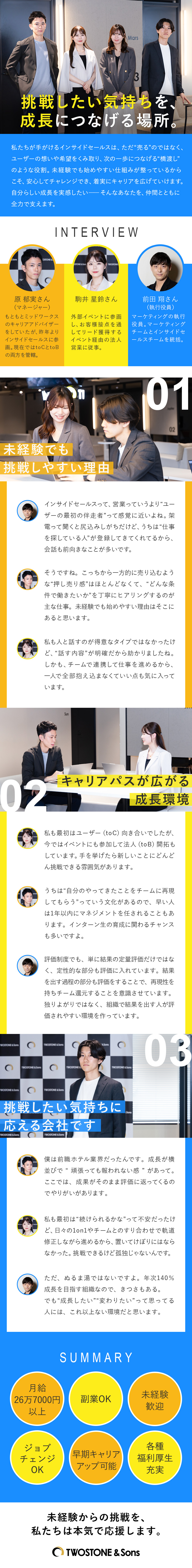 上場企業の安定基盤のもと未経験からキャリアを築く／年140%で成長中☆将来的にジョブチェンジも可能／スキルアップ支援充実◎社員の成長を支援する風土／株式会社ＴＷＯＳＴＯＮＥ＆Ｓｏｎｓ【グロース市場】