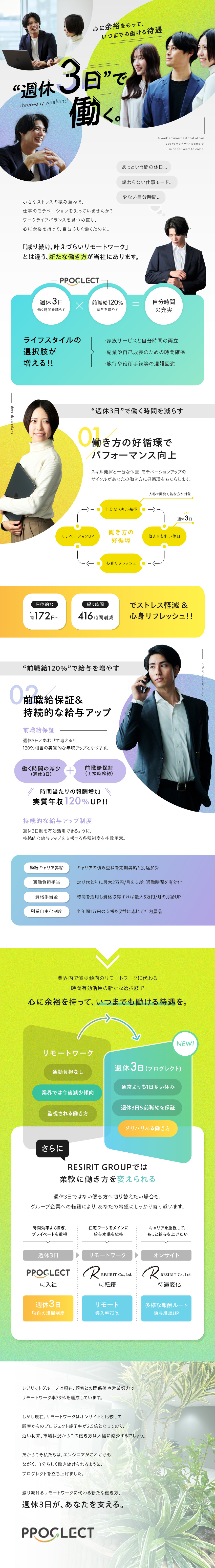 ■週休3日／実質年休177日+実質年収120％UP／■休息による仕事ストレス軽減／健康と高待遇の働き方／■受入企業200社を基盤に週休3日プロジェクト多数／プログレクト株式会社