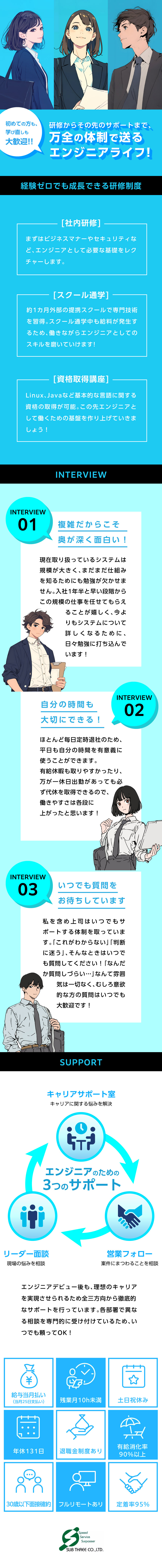 ＼未経験入社多数／ITスクールでの学習からスタート／＼働きやすさ◎／年休131日＆残業ほとんどなし／＼サポート体制充実／専用のキャリアサポート室あり／株式会社サブスリー
