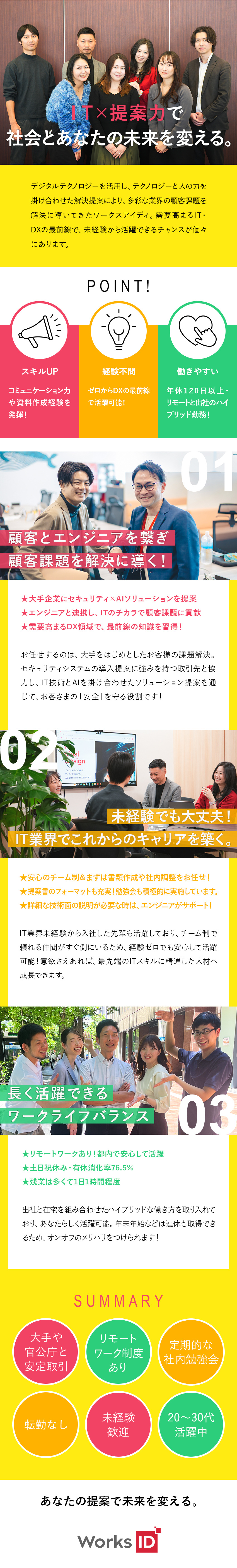 【大手企業と取引】人×テクノロジーで社会発展に貢献／【未経験歓迎】安心のチーム制／最新のIT知識を習得／【働く環境】年休120日／在宅勤務／残業20H以下／ワークスアイディ株式会社