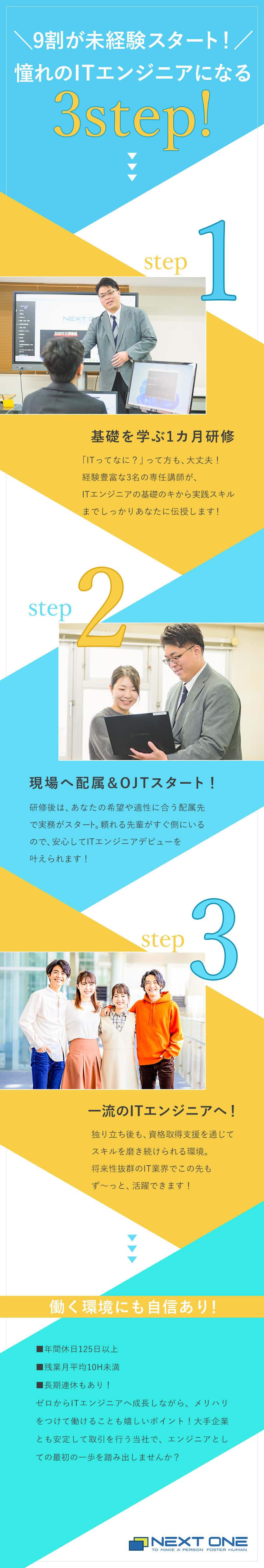 研修充実◆未経験から“ITエンジニア”に大変身！／豊富な選択肢◆資格取得支援＆定期的なフォロー面談♪／働きやすさ◆残業少なめ／年休125日／長期連休あり／株式会社ネクストワン