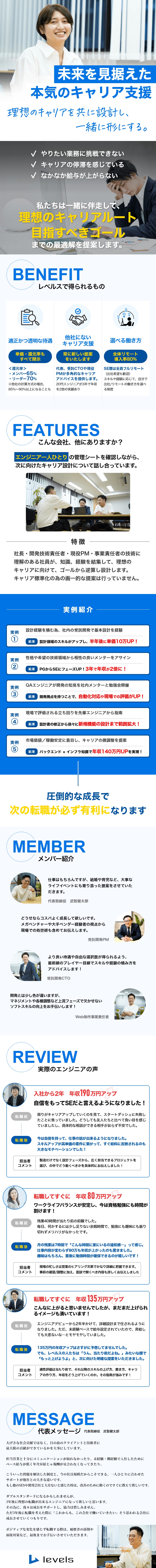 ＊本気のキャリア支援！理想のキャリアを一緒に形へ／＊適正かつ透明な待遇！単価・契約すべて開示します／＊選べる働き方！リモート導入率80％・希望の業務へ／株式会社レベルス