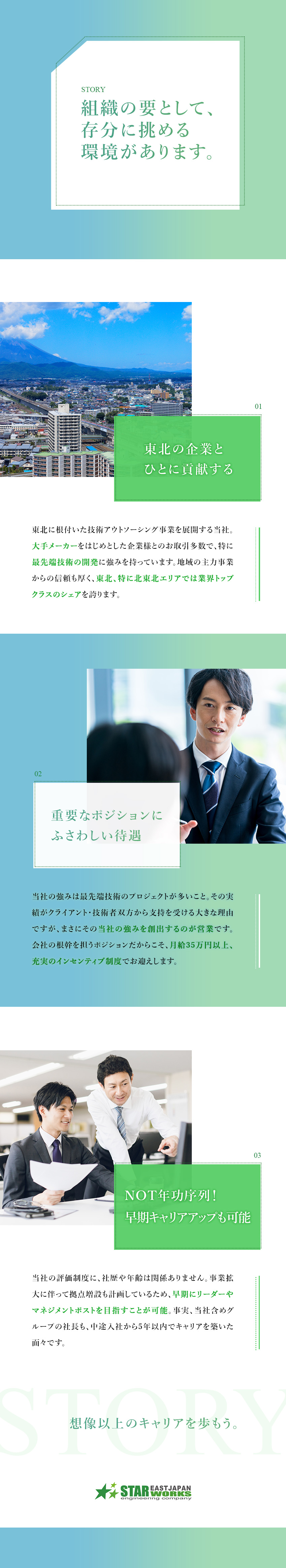 【キャリアアップ】営業として挑戦できるステージへ／【インセン充実】昨年実績：50万円～200万円以上／【待遇】月給35万円～／土日祝休／マイカー通勤OK／東日本スターワークス株式会社(スターワークスグループ)