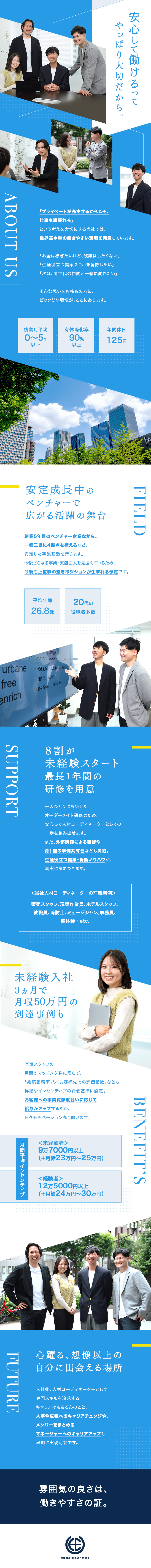 【研修充実】8割未経験スタート／最長1年の研修あり／【インセンティブ】入社3ヵ月で月収50万円の到達も／【働きやすさ】年間休日125日／残業月0～5時間／株式会社ＵＦＥ