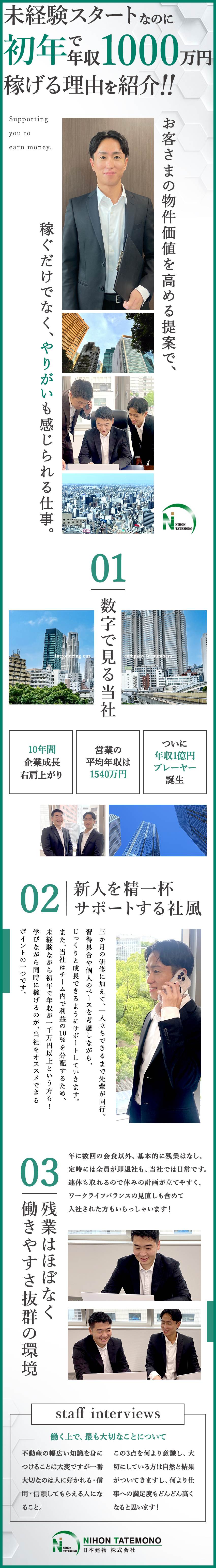 【転勤なし】九州支店の募集です！／【年収アップ】未経験者でも月収35万円から！／【働きやすさ】ノルマなし／残業なし／転勤なし／日本建物株式会社