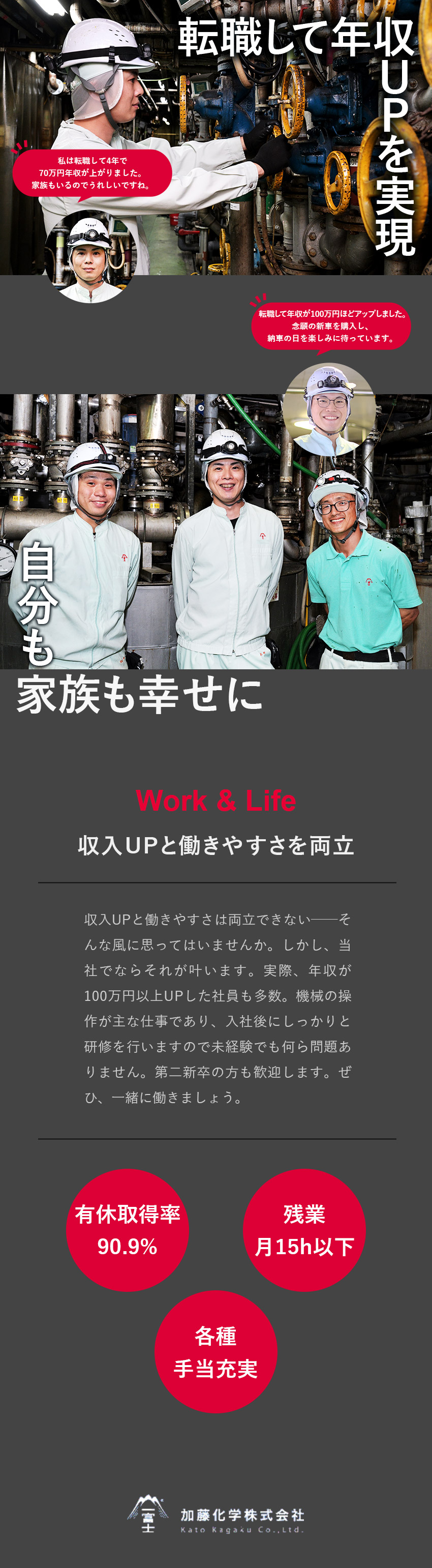 【収入UP！】各種手当超充実&賞与実績3.8カ月／【環境◎】健康経営を推進／残業15h／三交替制／【U・Iターン歓迎】月5000円で住める独身寮完備／加藤化学株式会社
