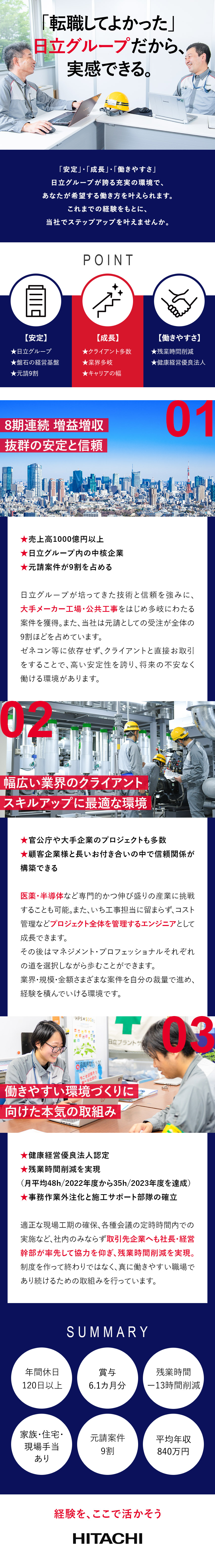 【安定＋キャリア】日立グループの未来を担う中核企業／【大幅な残業削減を実現】働き方改革へ本気の取組み／【健康経営優良法人】安全と健康を守ることが最優先／株式会社日立プラントサービス(日立グループ)