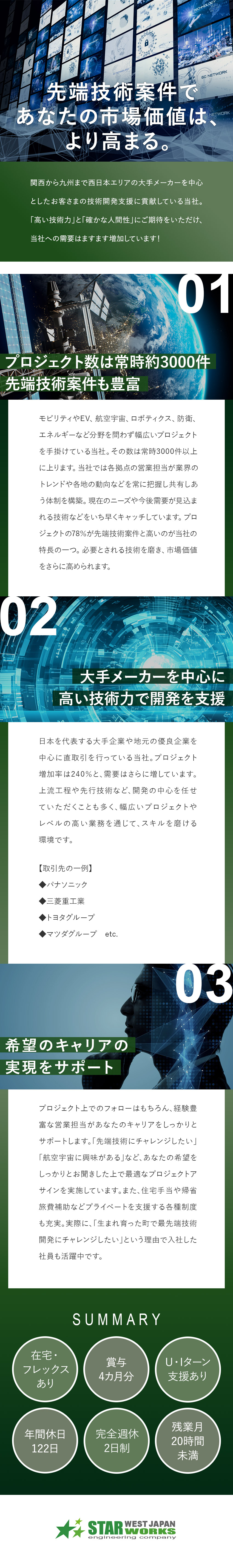 【先端技術案件78％】宇宙・モビリティ・エネルギー／【上流工程】研究開発、設計開発、CAE、生産技術／【好待遇】年休122日／賞与4カ月分／定着率95％／西日本スターワークス株式会社(スターワークスグループ)