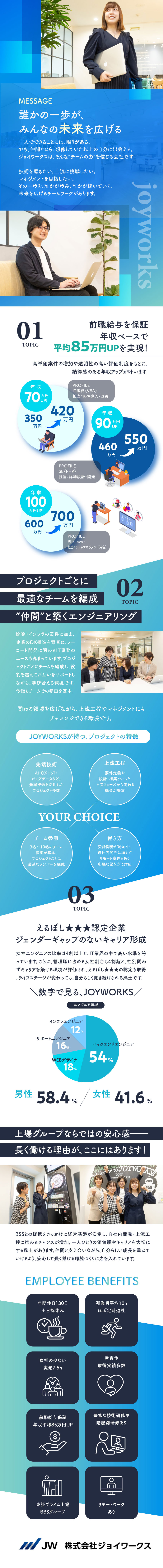 【多彩な案件】先端技術・上流フェーズ・自社内開発／【安定基盤】東証プライム上場・BBSグループの一員／【働きやすさ】年休130日／残業月10h／在宅あり／株式会社ジョイワークス