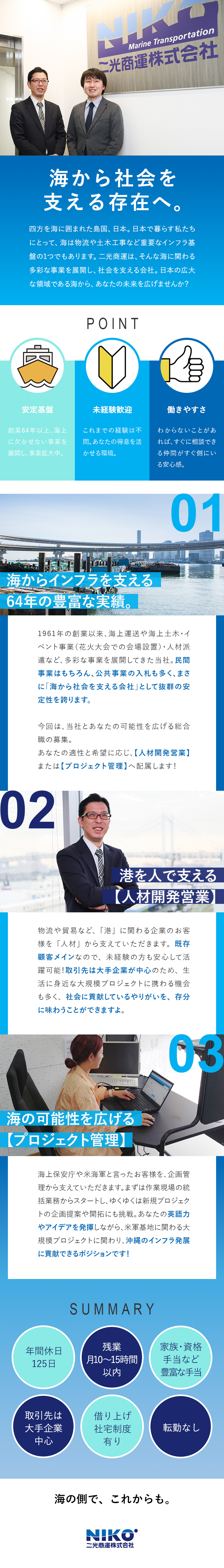 海のインフラを支えて64年／大手企業と安定取引／英語力やコミュニケーション力を活かせる総合職募集／年休125日／残業月15H内／転勤無し／社宅制度有／二光商運株式会社