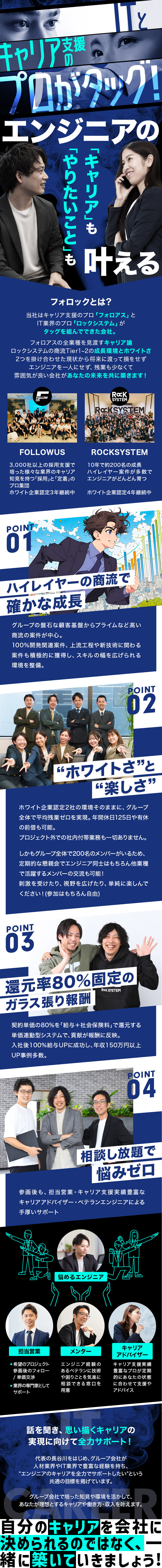 ★ITとキャリア支援のプロがタッグして創立！／★本人希望と理想のキャリア実現を踏まえた案件選択／★入社後年収ドーンとUP/残業平均ゼロ/年休125／株式会社フォロック