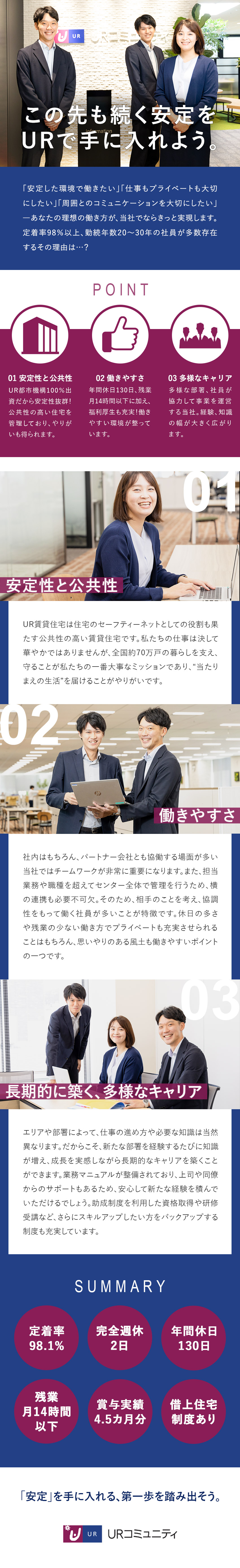 UR都市機構100％出資◎安定基盤、充実の福利厚生／年間休日130日／残業少◎ワークライフバランス抜群／定着率98.1％！長く活躍し成長し続けられる環境／株式会社URコミュニティ(UR都市機構100％出資企業)