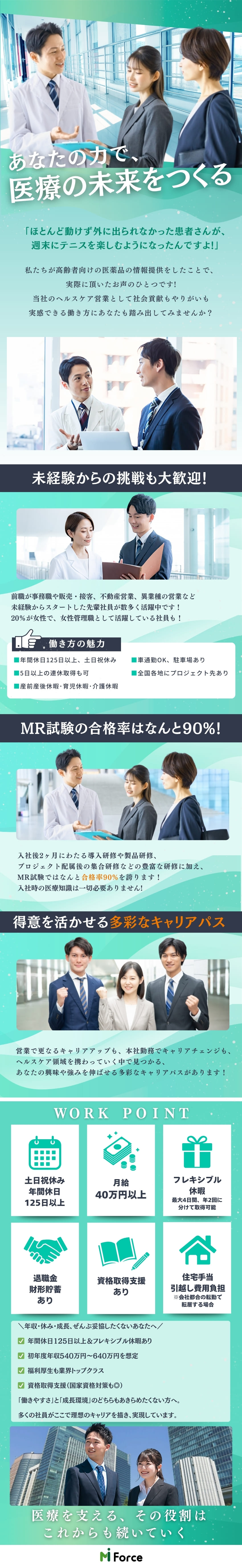 ★万全の教育・研修体制で未経験から活躍する先輩多数／★成長業界で安定性抜群！長く働ける福利厚生も充実！／★月給40万円以上／年間休日125日以上！／ＭＩフォース株式会社