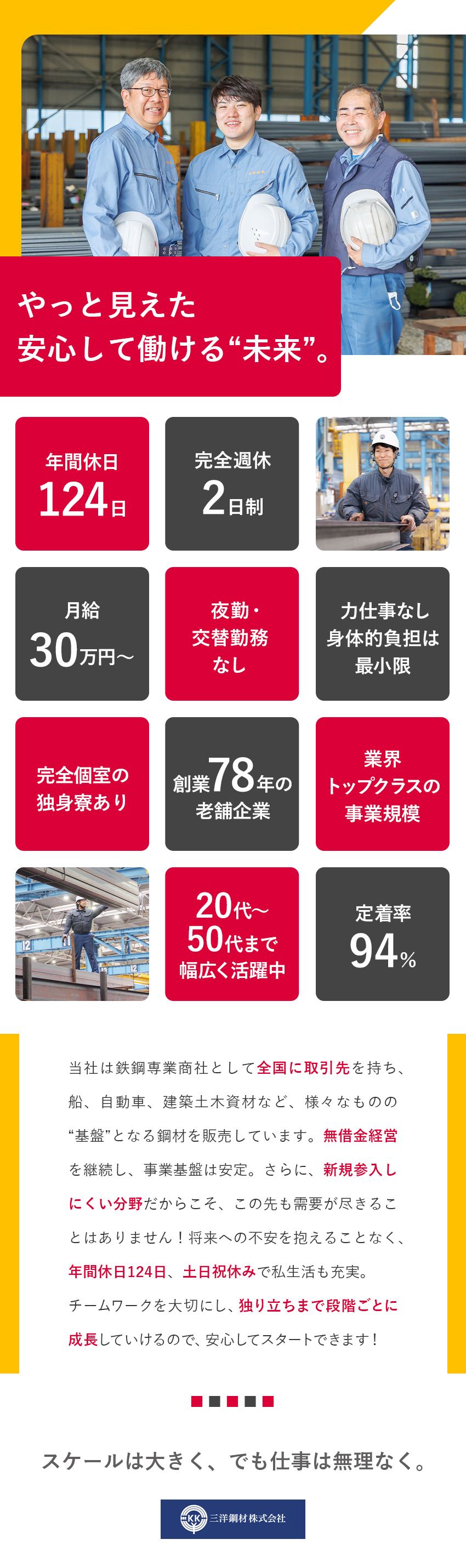【未経験歓迎】夜勤・力仕事なし&基礎から学べる環境／【創業78年】新規参入しにくい分野で需要も安定◎／【好待遇】完休2日制／年休124日／月給30万円～／三洋鋼材株式会社