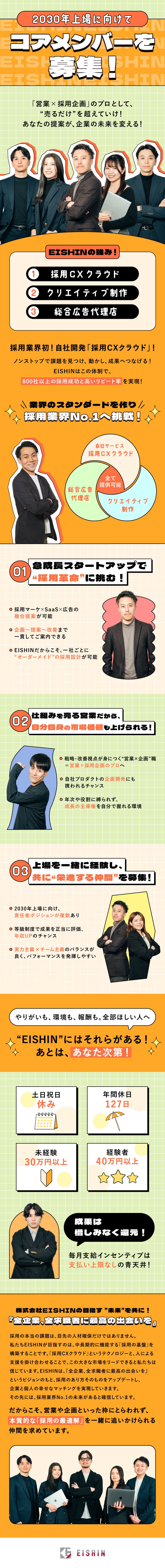 ◆2030年上場に向けて各部門急成長中／設立6年目／◆分業制で専門性を高められる／日本最大級の商材数／◆年間最大20％昇給／昇給年２回／８段階の等級制度／株式会社ＥＩＳＨＩＮ