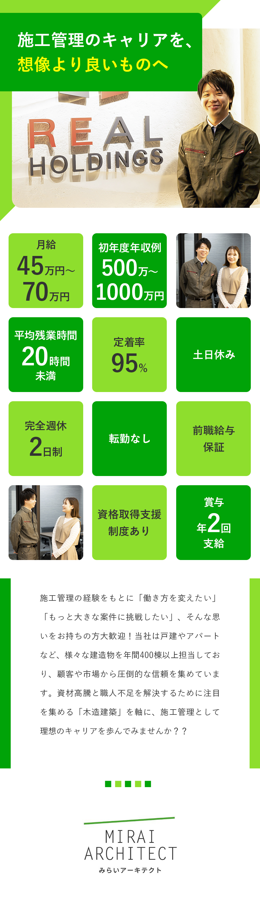【新規事業】自分のスタイルでつくり上げる面白さ／【待遇】月給45万円以上／経験に応じて前職給与保障／【環境】完全週休2日／土日休み／残業月20h程度／株式会社みらいアーキテクト(リアルホールディングスグループ)