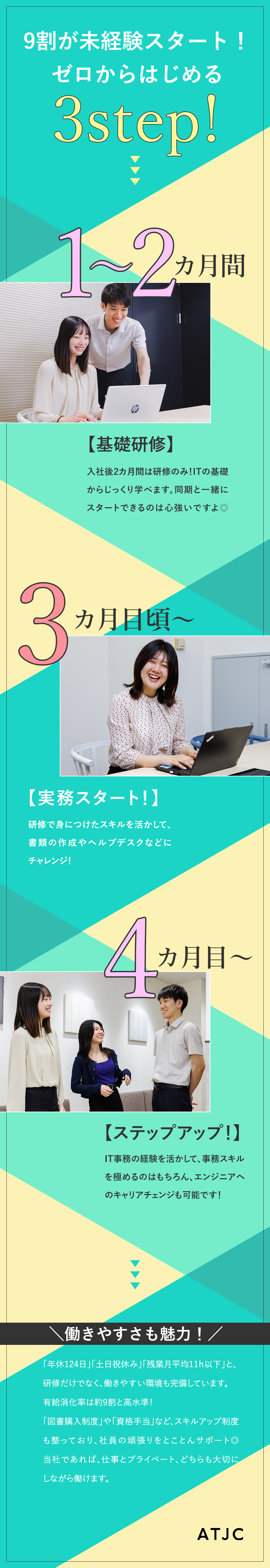 【安定性】上場グループ企業／大手企業との取引多数／【未経験歓迎】じっくり学べる研修スタイルで成長！／【働き方】年休124日／有給消化率約9割／転勤なし／株式会社ＡＴＪＣ