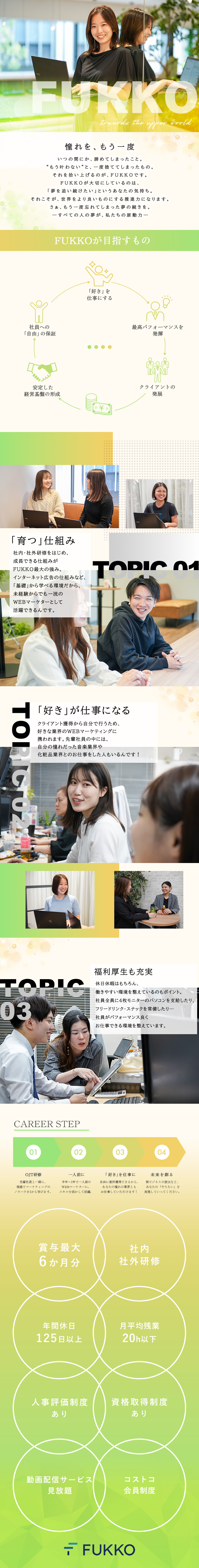 未経験歓迎｜WEB広告の仕組みなど、基礎から育てる／充実の研修｜各分野のスペシャリストが徹底サポート／自由に働く｜好きな場所や集中できる場所での業務OK／株式会社ＦＵＫＫＯ