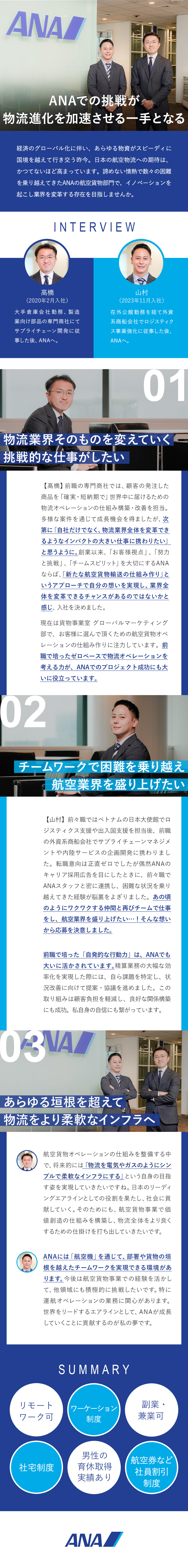 【やりがい】「当たり前」を支え、業界を変革する／【将来性】高成長が見込まれる航空貨物で経験を活かす／【環境】リモート／フレックス／ワーケーション／全日本空輸株式会社