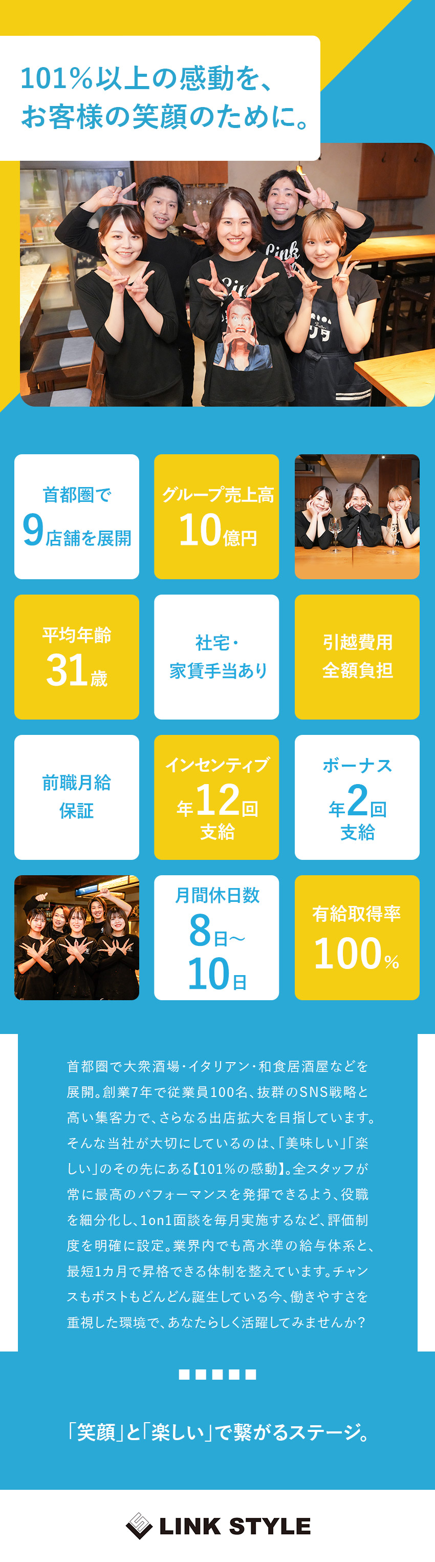 キャリア★店舗運営のノウハウも学びながら活躍！／厚待遇★業界トップクラス水準／最高月収は80万円！／働きやすさ★終電考慮のシフト／有給取得率100％！／株式会社ＬＩＮＫ　ＳＴＹＬＥ