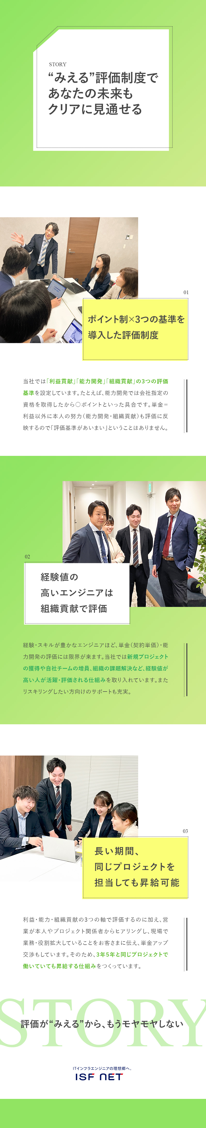 【公平な評価軸】利益貢献・能力開発・組織貢献の3軸／【分かりやすい制度】ポイント制で評価が目に見える／【働きやすさ】有休取得率86.9％／平均残業月7H／株式会社アイエスエフネット