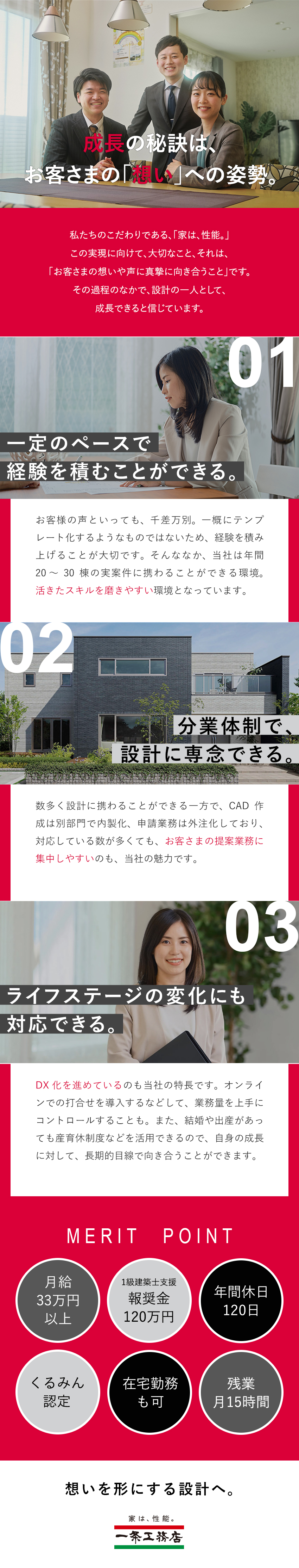 【安定した経営基盤】業界No.1の戸建住宅販売戸数／【働きやすさ】残業月15h／年休120日／車通勤可／【成長応援】1級建築士の資格取得で報奨金120万円／株式会社一条工務店