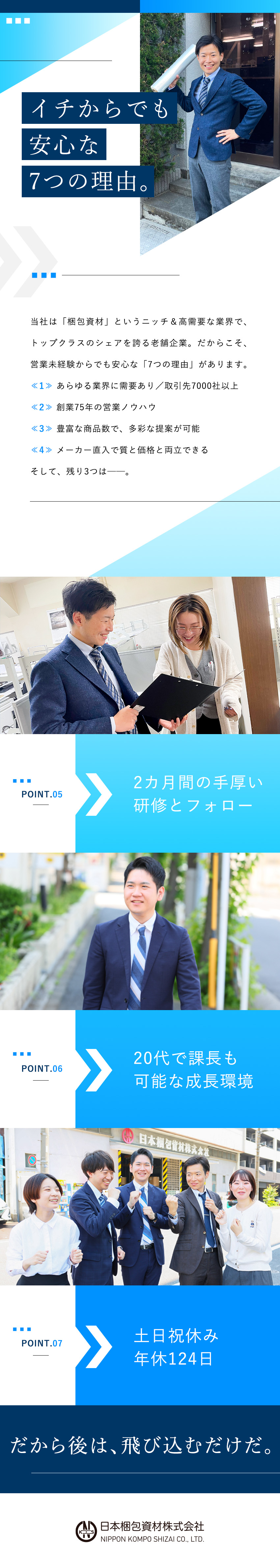 創業75年／ニッチな分野で高いシェアを誇る専門商社／日本製鉄やソニーなどの大手企業と安定した取引あり／年間休日124日／土日祝休み／月残業20H以下／日本梱包資材株式会社