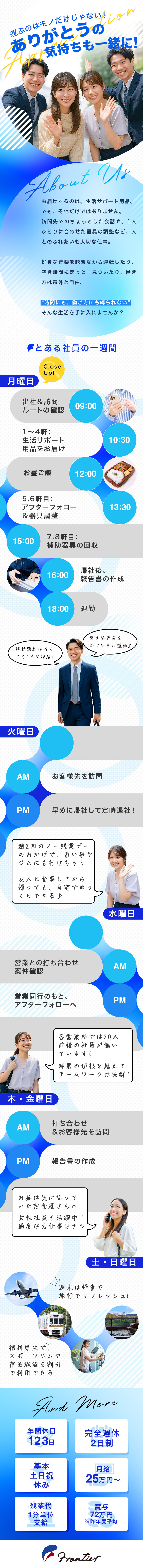 年休123日◆基本土日祝休み＆ノー残業デーあり／初年度月収30万円可◆賞与平均は72万円以上！／全国250拠点◆創業40年の信頼と実績／株式会社フロンティア(ワタキューグループ)