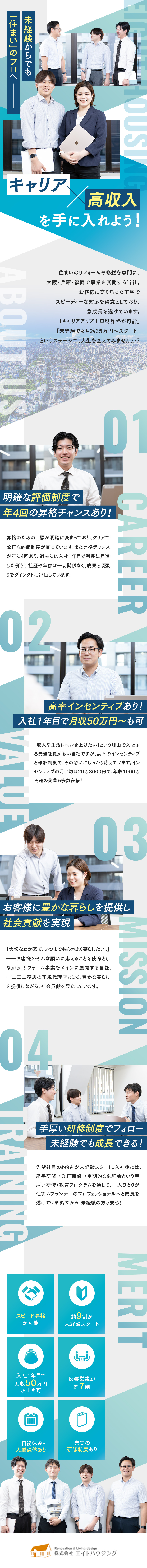 【高収入】未経験＋1年目でも月収50万円の実績あり／【選べる働き方】週休2日制 or 完全週休2日制／【働きやすさ】反響営業が約7割／充実の研修で成長！／株式会社エイトハウジング