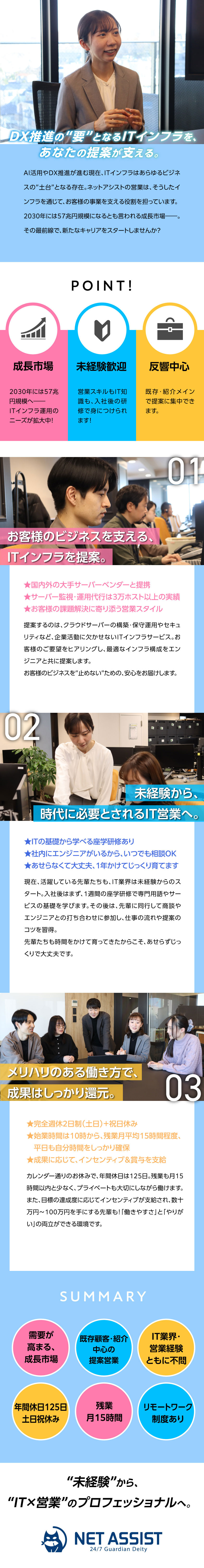 【未経験歓迎】IT×営業スキルを身につけるチャンス／【反響営業】ご紹介やお問い合わせへの対応が中心／【働きやすさ】残業月15h以下＆年間休日125日／株式会社ネットアシスト