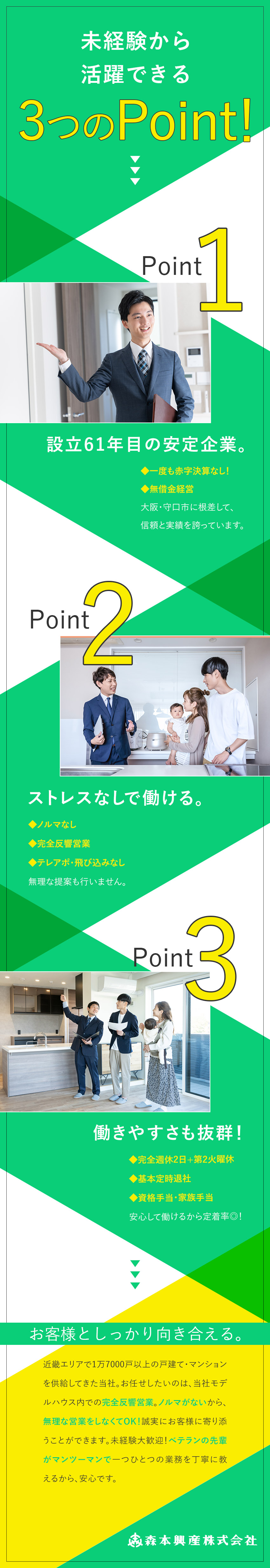 【安定企業】設立以来60年赤字決算なし・無借金経営／【完全反響営業】ノルマなし、飛び込み・テレアポなし／【環境◎】完全週休2日・基本定時退社・教育体制充実／森本興産株式会社