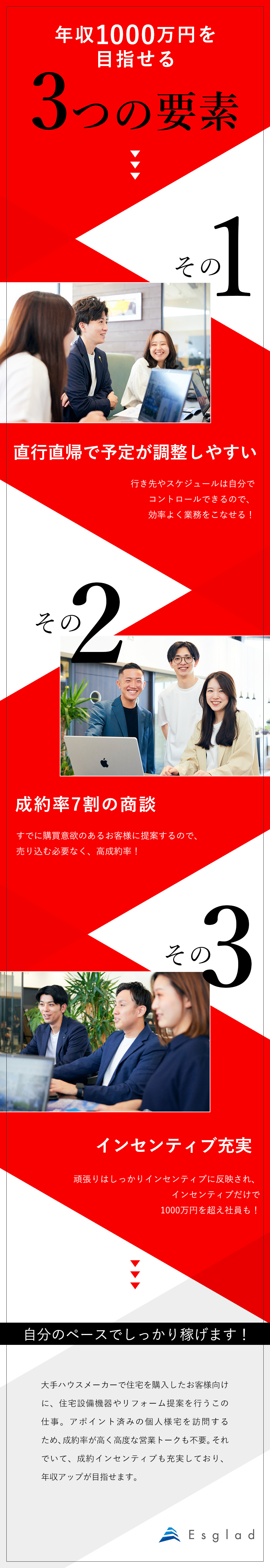 【売りやすい】成約率7割／国推奨のエコ商品／【自由度が高い】直行直帰可／ルート調整可能／【年収がUP】インセン充実！年収1000万円以上可／エスグラッド株式会社