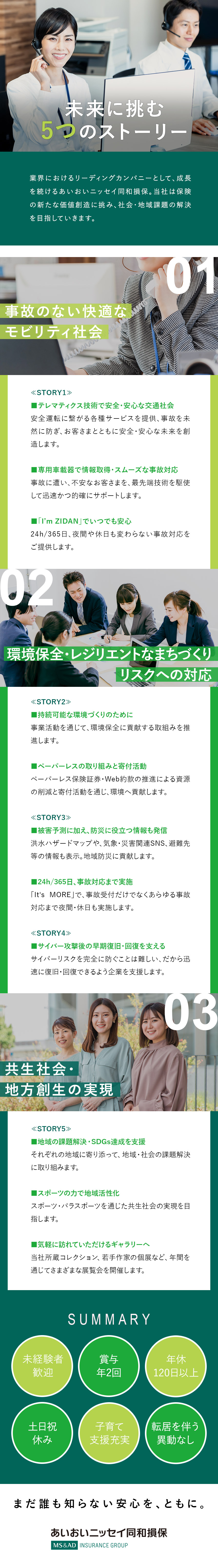 ≪自分の時間も大切に≫土日祝休＆年休120日以上／≪手厚い子育て支援≫産育休の取得＆復帰実績も多数／≪「地元で長く」を実現≫転居を伴う転勤なし／あいおいニッセイ同和損害保険株式会社