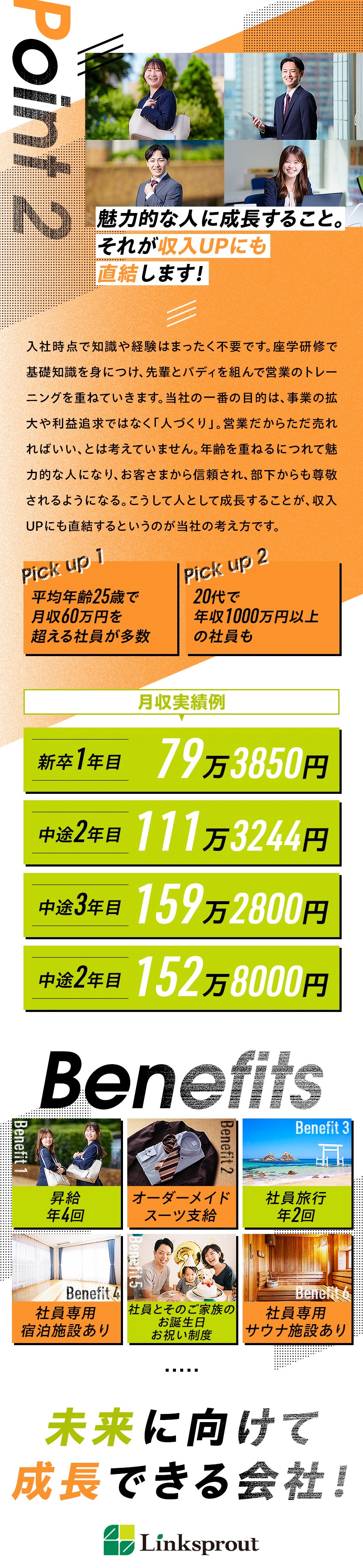 稼ぐ力／最高月給150万円、年収1000万円も可能／安定環境／高ニーズ＆高受注率の自社商材を提案／年休120日／正当評価／昇給年4回／高還元インセン／株式会社Linksprout