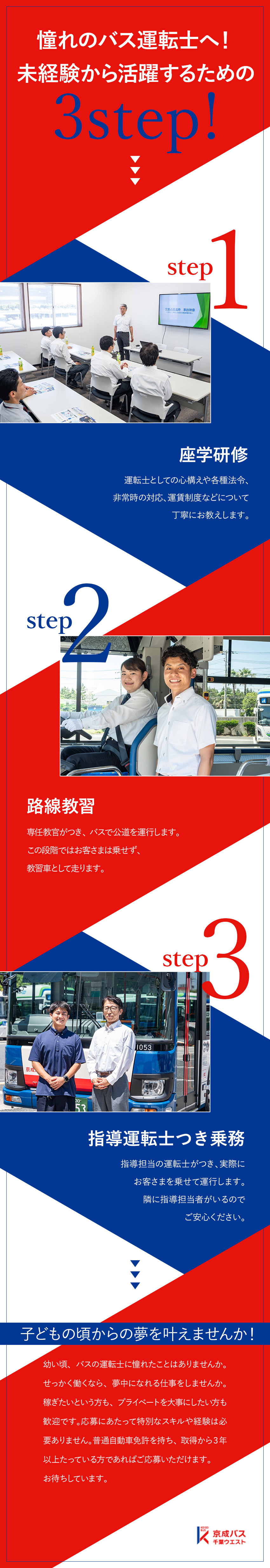 憧れのバス運転士へ／経験や学歴は不問／充実の研修／抜群の安定基盤／京成電鉄とオリエンタルランドが出資／超充実の福利厚生／賞与5カ月分／年収400万円～／京成バス千葉ウエスト株式会社(京成電鉄バスグループ)